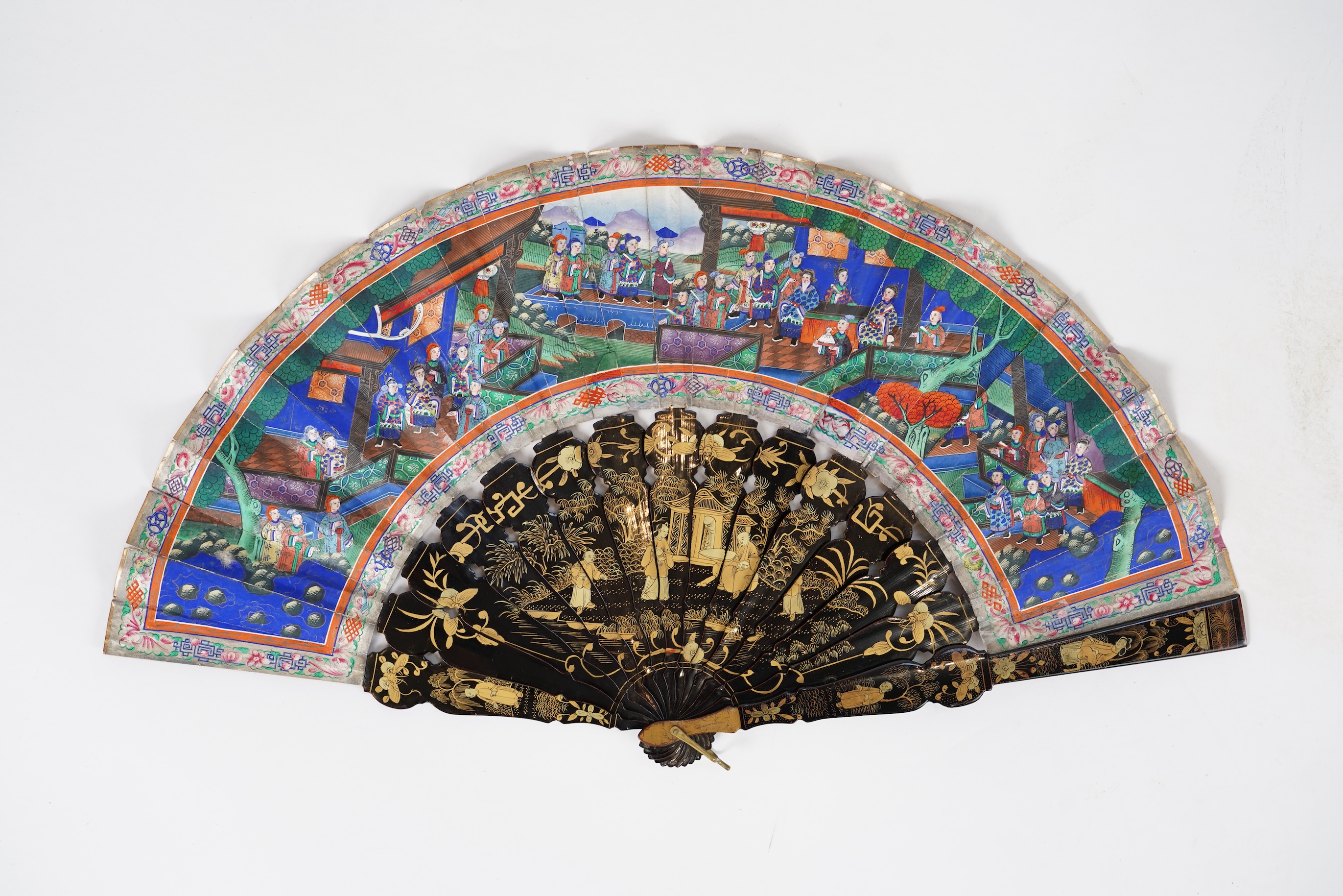 Three Chinese gilt-decorated black lacquer and painted leaf fans, 19th century